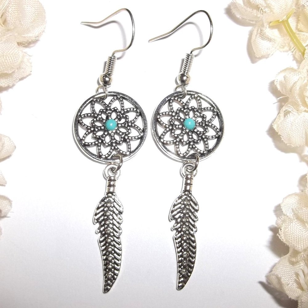 Southwestern Earrings Feather Dreamcatcher Turquoise Blue Silver Jewelry C450